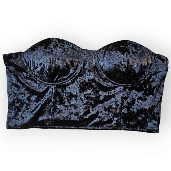 🌼4/$30 Boohoo Black Crushed Velvet Crop Top Bustier - Picture 2 of 9